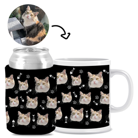 Your Pet Cat Face (Black) - Kit 1 (Stubby Holder, Trucker Hat & Schooner Glass)
