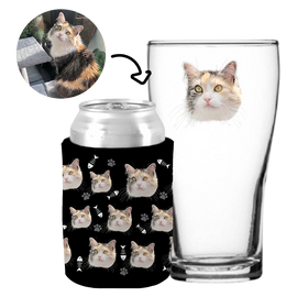 Your Pet Cat Face (Black) - Kit 2 (Stubby Holder & Schooner Glass)