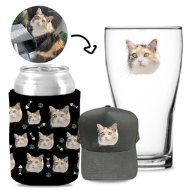 Your Pet Cat Face (Black) - Kit 2 (Stubby Holder, Trucker Hat & Schooner Glass)