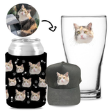 Your Pet Cat Face (Black) - Kit 2 (Stubby Holder, Trucker Hat & Schooner Glass)