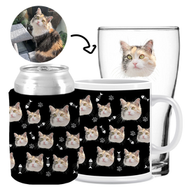 Your Pet Cat Face (Black) - Kit 3 (Stubby Holder, Ceramic Mug & Schooner Glass)