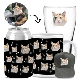 Your Pet Cat Face (Black) - Kit 3 (Stubby Holder, Ceramic Mug, Trucker Hat & Schooner Glass)