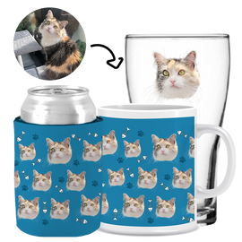 Your Pet Cat Face (Blue) - Kit 3 (Stubby Holder, Ceramic Mug & Schooner Glass)