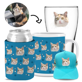 Your Pet Cat Face (Blue) - Kit 3 (Stubby Holder, Ceramic Mug, Trucker Hat & Schooner Glass)