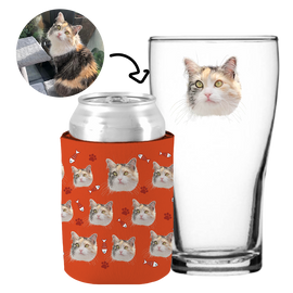 Your Pet Cat Face (Orange) - Kit 2 (Stubby Holder & Schooner Glass)