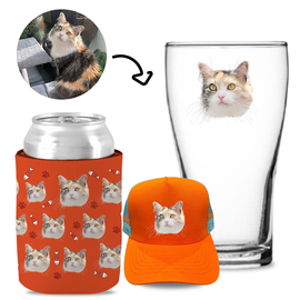 Your Pet Cat Face (Orange) - Kit 2 (Stubby Holder, Trucker Hat & Schooner Glass)
