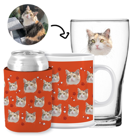 Your Pet Cat Face (Orange) - Kit 3 (Stubby Holder, Ceramic Mug & Schooner Glass)