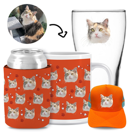 Your Pet Cat Face (Orange) - Kit 3 (Stubby Holder, Ceramic Mug, Trucker Hat & Schooner Glass)