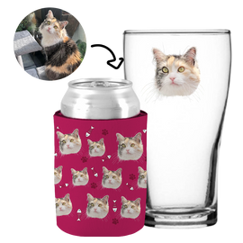 Your Pet Cat Face (Pink) - Kit 2 (Stubby Holder & Schooner Glass)