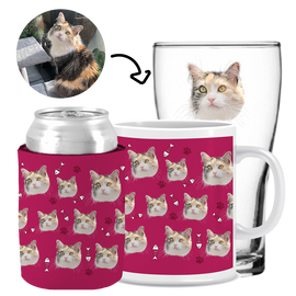 Your Pet Cat Face (Pink) - Kit 3 (Stubby Holder, Ceramic Mug & Schooner Glass)