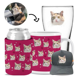 Your Pet Cat Face (Pink) - Kit 3 (Stubby Holder, Ceramic Mug, Trucker Hat & Schooner Glass)